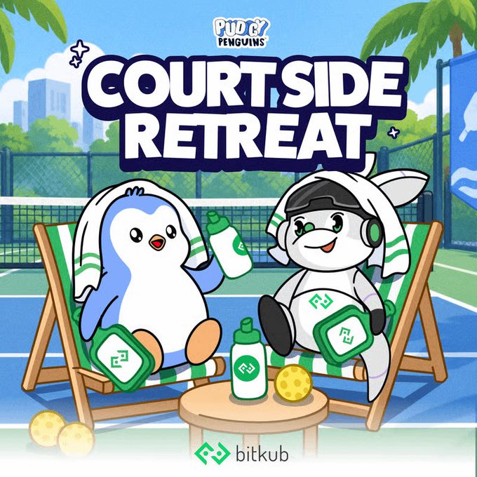 Promotional artwork for 'Pudgy Penguins Courtside Retreat' showing two cartoon penguin characters relaxing on striped beach chairs with water bottles, sponsored by bitkub.