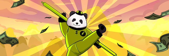 A cartoon panda in a green martial arts outfit strikes a triumphant flying kick pose amid a shower of falling money, with a radiant yellow and pink starburst background evoking success and prosperity—fitting the celebratory launch announcement for the $HUAHUA meme coin on Robinhood Chain.