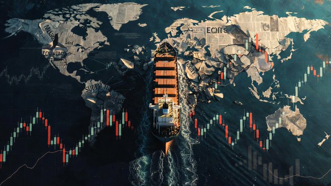 A composite image showing a cargo ship sailing on a dark ocean, overlaid with a world map and financial candlestick charts in red and green.