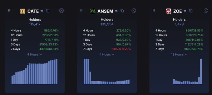 Three cryptocurrency holder stat panels showing data for CATE (115,417 holders), ANSEM (135,954 holders), and ZOE (1,479 holders) with growth percentages across 4 hours, 12 hours, 1 day, 3 days, and 7 days.