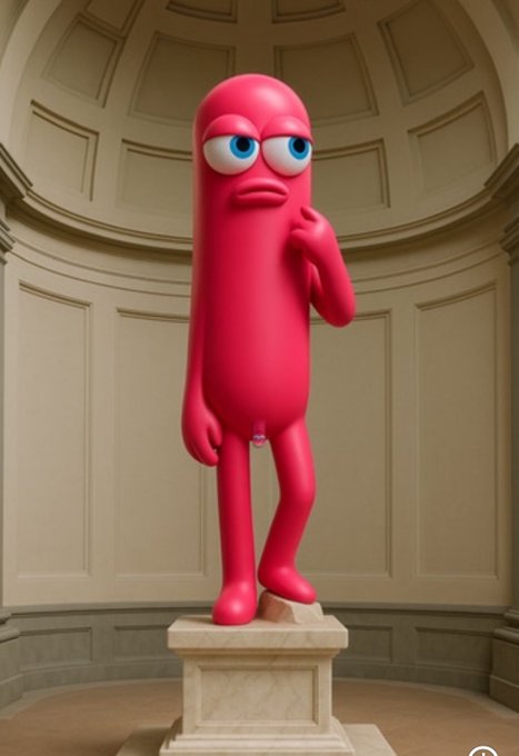 A pink, finger-like cartoon character with blue eyes and a small flame emblem stands thoughtfully on a pedestal in a domed room.