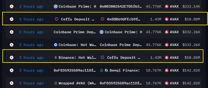 A transaction history log showing AVAX transfers to and from Coinbase Prime, Ceffu Deposit, and Binance Hot Wallets, with two highlighted rows of 1.43M AVAX transfers valued around $10.88M.