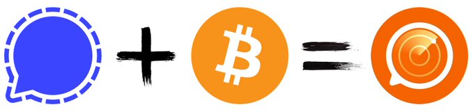 The image shows a visual equation: the Signal logo (blue speech bubble) plus the Bitcoin logo (orange circle with "₿") equals the Radar logo (orange speech bubble with a radar icon). This graphic illustrates how Radar combines Signal's secure messaging infrastructure with Bitcoin Lightning functionality, creating a unified platform for private communication and self-custodial Bitcoin transactions.