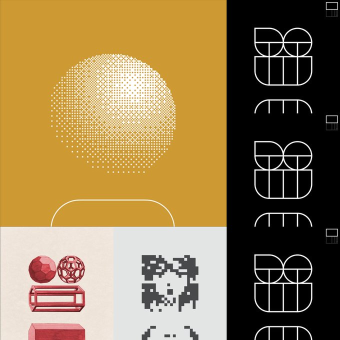 A graphic design composition featuring a halftone dot circle on a mustard yellow background, with geometric red shapes and a pixelated pattern below, alongside stacked stylized 'BM' monogram logos on a black sidebar.