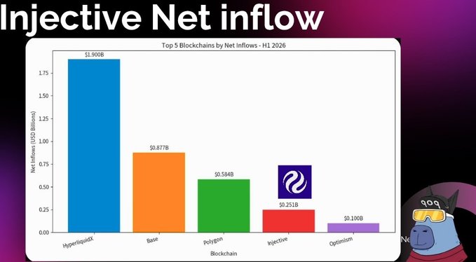 The image features a graph with a bar chart and a graphic of a person's head, which appear to be related to an injective net inflow or cryptocurrency analysis. The graph displays the percentage of capital net inflow from smart money on various blockchain ecosystems, highlighting the top 5% by flows. This information could help potential investors understand the trends and growth opportunities in different cryptocurrency markets. Additionally, there is a small illustration of a person's head behind the graph, but without more context, it is difficult to determine if it has any connection to the content displayed on the image or if it represents some sort of data or chart related to the injective net inflow analysis.