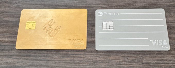Two Visa cards displayed on a wooden surface - a gold Plasmina card and a silver card, both featuring EMV chips.