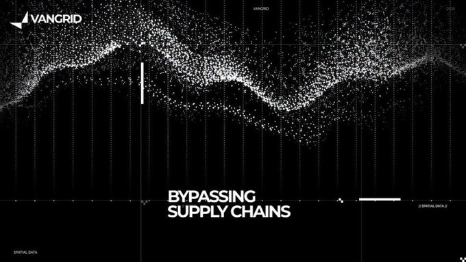 A minimalist black-and-white digital visualization by "VANGRID" displays an abstract wave-like data pattern with the text "BYPASSING SUPPLY CHAINS" at the bottom.