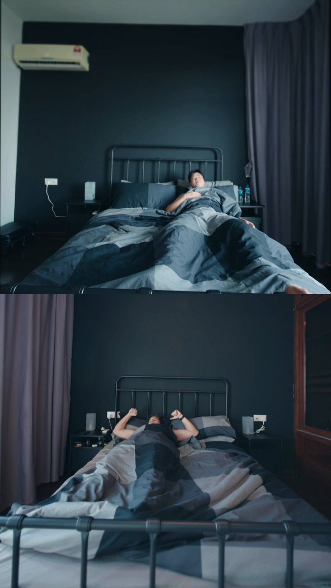 The image shows a man lying in bed with his eyes closed, possibly sleeping or resting. The photo captures him from two different angles - one side of the bed facing forward and another side facing away. There are also two other photos present in the image, which show the same scene but from slightly different perspectives. These additional images provide more context to the overall setting and help emphasize the importance of the man's resting position within his room.