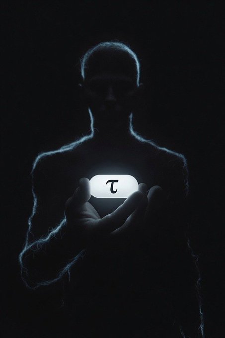 A silhouetted figure in darkness holds a glowing pill-shaped object displaying a stylized 'T' logo.