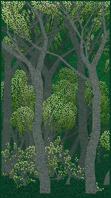 A pointillist-style illustration of a forest with tall gray trees and lush green foliage rendered in small dots against a dark green background.