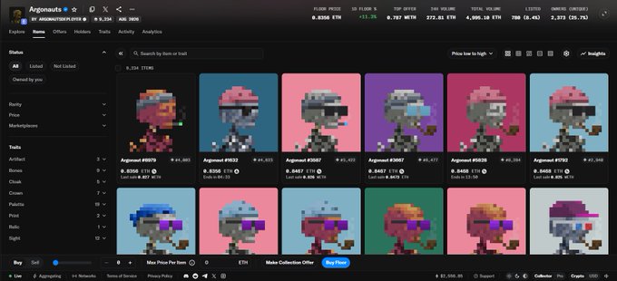 An NFT marketplace interface showing the "Argonauts" collection, displaying pixel-art style skull characters with sunglasses on various colored backgrounds.