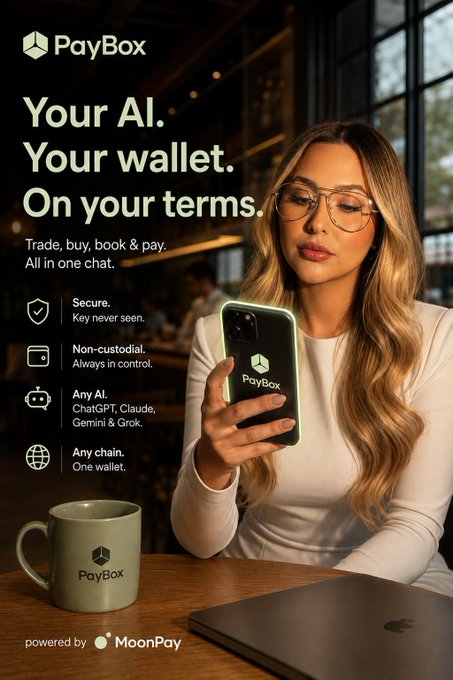 An advertisement for 'PayBox' featuring a woman holding a phone, with text 'Your AI. Your wallet. On your terms.' promoting secure non-custodial trading with ChatGPT, Claude, Gemini & Grok integration, powered by MoonPay.