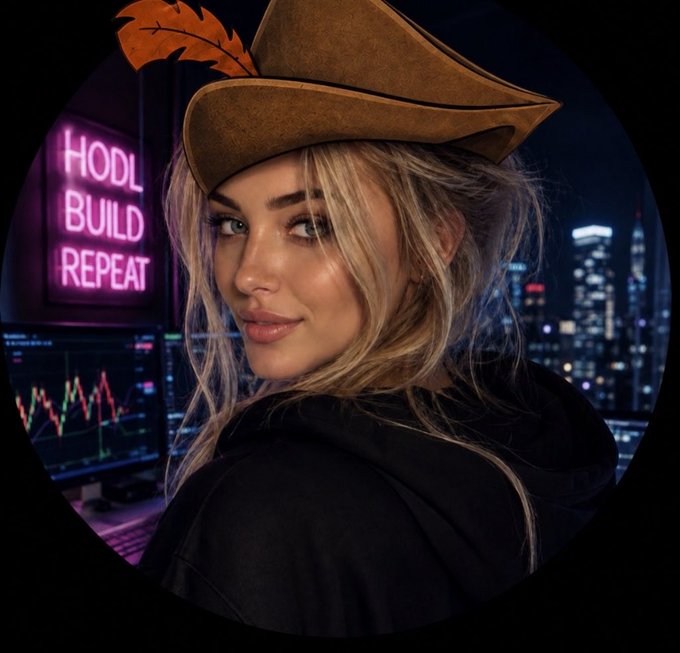 A woman with blonde hair wearing a pirate hat and black hoodie in front of a neon sign reading 'HODL BUILD REPEAT' with stock trading charts and a city skyline in the background.