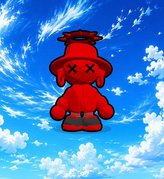 A red cartoon-style character wearing a wide-brimmed hat with an X mark and X-shaped eyes floats against a vibrant blue sky filled with fluffy white clouds.
