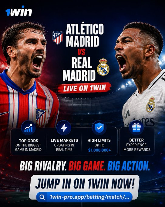 A promotional advertisement from '1win' for an Atlético Madrid vs Real Madrid match, featuring players from both teams and text reading 'LIVE ON 1WIN,' 'BIG RIVALRY. BIG GAME. BIG ACTION. JUMP IN ON 1WIN NOW!', and '1win-pro.app/betting/match/...'.