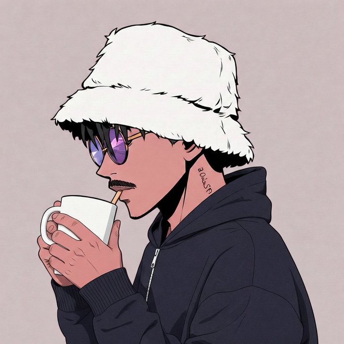 An anime-style illustration shows a young man drinking from a white mug while wearing a fluffy white fur hat, purple-tinted sunglasses, and a black hoodie, with the date "2024.6.10" tattooed on his neck. The relaxed, casual vibe—sipping a warm drink in cozy attire—pairs perfectly with a "Gm, any plans for today" greeting, capturing that laid-back morning mood.