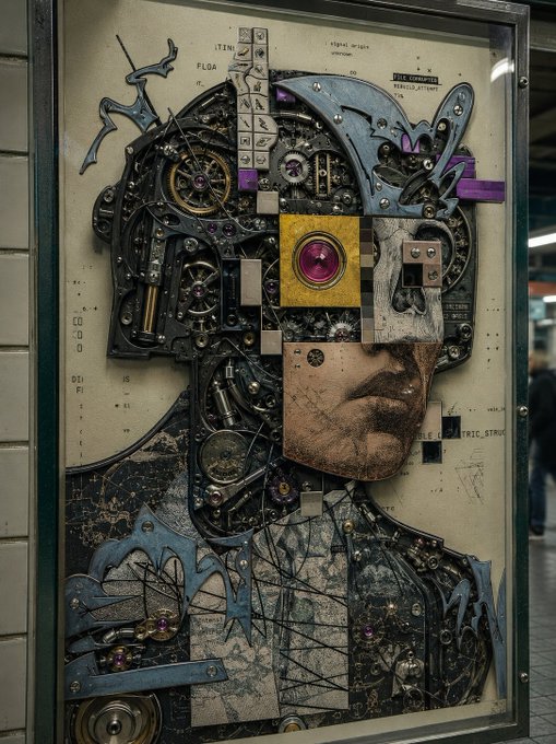 A framed steampunk-style mixed media portrait of a man with an exposed mechanical head featuring gears, jewels, and a prominent purple-eyed square, displayed against a textured paper background with partial text like "ELBA," "IC,STRU," and "ITEMS." The collage artwork visually embodies the "REORDER everything" prompt, transforming a human face into an intricate assemblage of mechanical parts and chaotic elements to be rearranged.