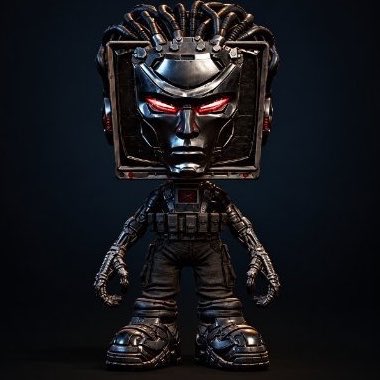 A metallic, stylized robot figurine with a boxy head, dreadlock-like cables, and glowing red eyes against a dark background.