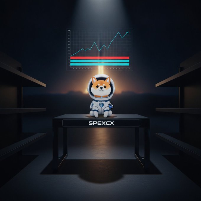 An astronaut dog in a space suit stands on a table labeled 'SPEXCX' beneath a projected stock chart showing an upward trending line graph.