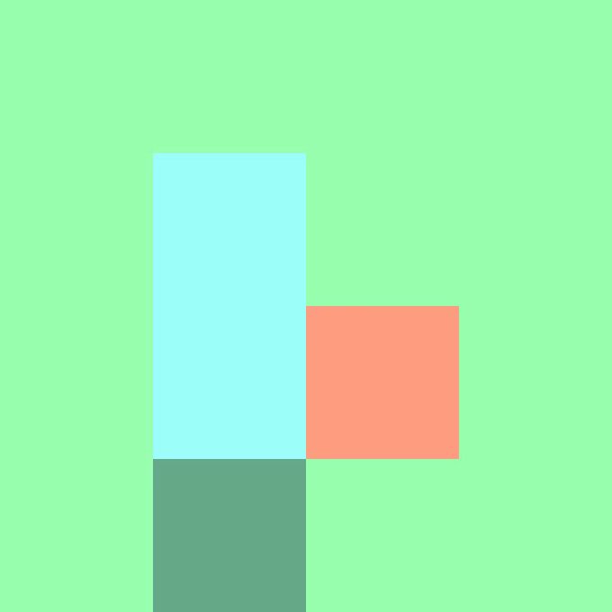 An abstract geometric composition featuring overlapping rectangular shapes in mint green, light blue, coral, and teal against a pale green background.