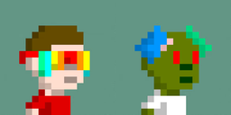Two pixelated characters, one with a colorful visor and red shirt, the other appearing as a green zombie-like figure with blue hair.