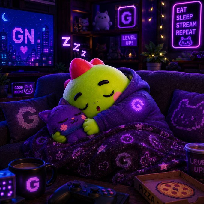 The image features a green stuffed animal sleeping next to a purple stuffed animal on a couch. There are also two cups of coffee placed nearby. The background includes neon signs, suggesting that they might be in a gaming or entertainment-themed setting. A caption related to the image reads "Can i get a GN Keeping users engaged is tough in Web3, but @sleepagotchi is on it." This could possibly be an advertisement for a game or streaming platform.