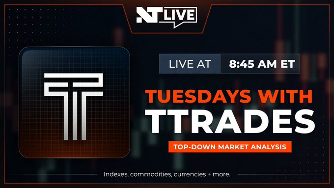 Promotional graphic for "Tuesdays with TTrades," a live top-down market analysis show airing at 8:45 AM ET, featuring the NT Live logo and TTrades branding alongside a note that it covers indexes, commodities, currencies, and more—directly supporting the post's invitation to tune in for price analysis on the YouTube livestream.