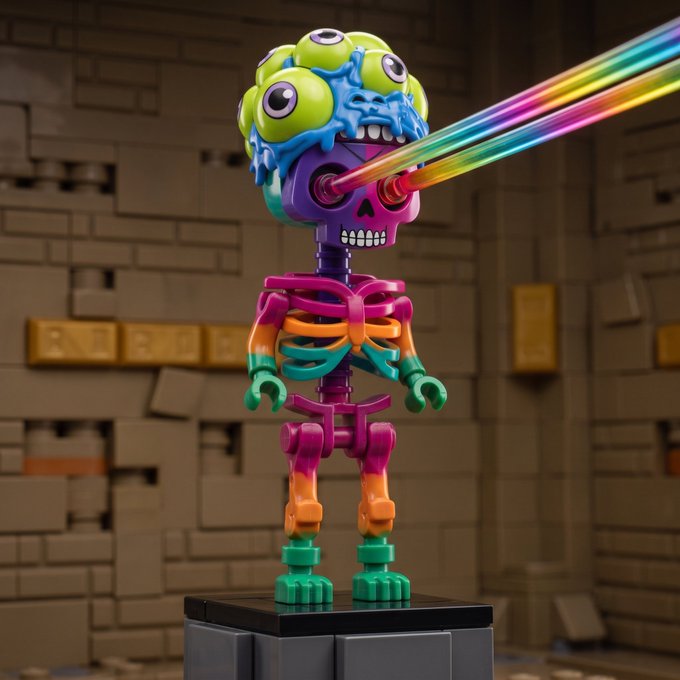 A colorful, rainbow skeleton figurine with multiple green eyes shoots a vibrant rainbow beam from its mouth, standing on a black pedestal against a backdrop of stone blocks. The image ties to the post by showcasing a striking, multicolored beam effect, which is the centerpiece of the creative prompt highlighted by @DedGorgez and @Cryptokeysm.