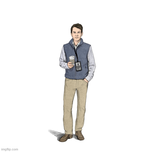 A man in a blue vest and khaki pants stands holding a coffee cup, appearing calm and unbothered—a visual metaphor for Bonk Guy who remains unfazed by the fluctuating millions in profits that he cannot easily access or cash out due to the small LP and constant scrutiny of his wallet.
