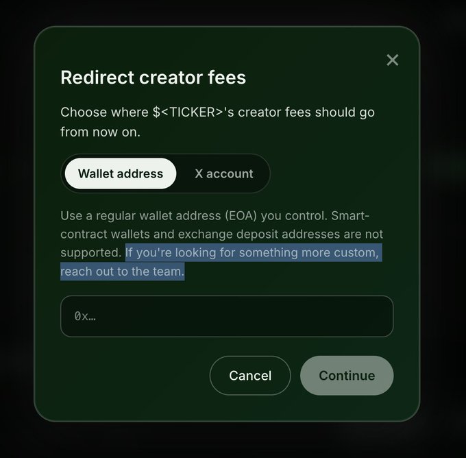 The image shows a "Redirect creator fees" dialog where users can choose to send `$<TICKER>`'s creator fees to either a wallet address (EOA) or an X account, with instructions noting that smart-contract wallets and exchange deposit addresses are not supported. This relates to the post's announcement about enabling direct fee right transfers on the app UI, demonstrating the new redirect feature accessible from the fee section on token pages.