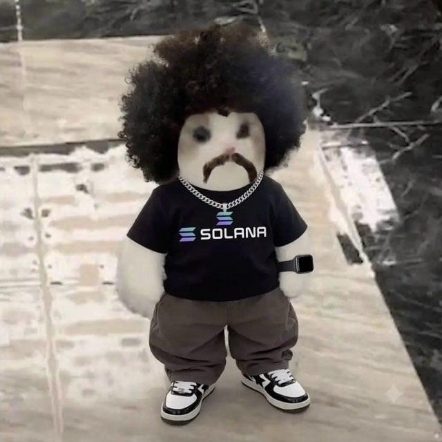 A plush cat figure with an oversized curly wig and mustache stands on a marble floor, wearing a black "SOLANA" t-shirt, silver chain, watch, cargo pants, and sneakers—styled as a crypto meme character playfully nodding to the post's "$Miu lol" reference.