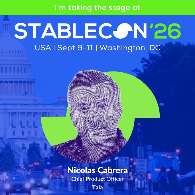 A promotional graphic for StableCon '26 in Washington, DC (Sept 9-11) featuring Nicolas Cabrera, Chief Product Officer at Tala, with a stylized halftone portrait against the U.S. Capitol backdrop.