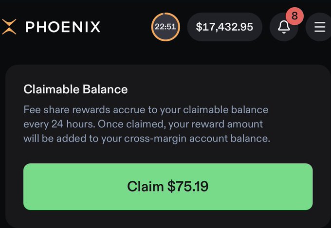 A screenshot of the Phoenix trading platform shows a "Claimable Balance" of $75.19 in fee share rewards, with an account balance of $17,432.95 displayed in the header. The image illustrates the daily USDC rewards the user accumulates by hedging delta-neutral positions on Phoenix.