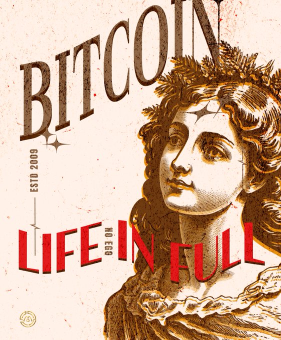 A vintage-style poster reads 'BITCOIN ESTD 2009' and 'LIFE IN FULL NO EGO' over an engraved portrait of a classical figure.