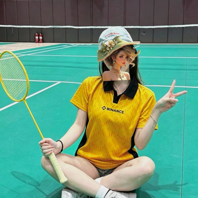 The image features a woman sitting on the ground with her legs crossed, holding a tennis racket. She is wearing a yellow shirt that says "binance" on it. The background of the photo shows a tennis court, indicating that she might be at a tennis-related event or gathering.