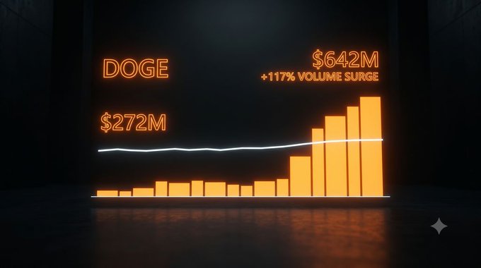 An orange bar chart showing DOGE trading volume increasing from $272M to $642M, labeled '+117% VOLUME SURGE', with a rising white trend line on a dark background.