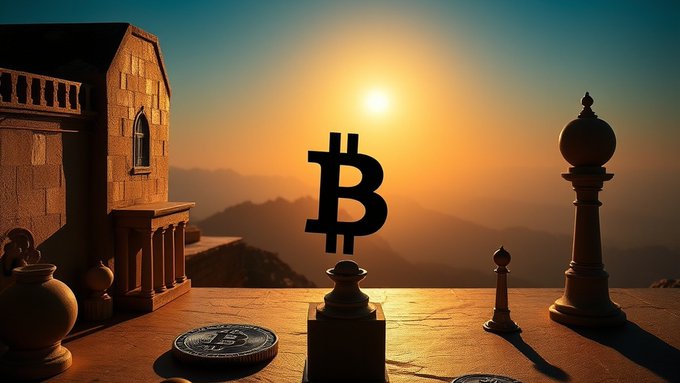 A Bitcoin symbol standing on a chess-like pedestal with coins scattered around, set against a sunset landscape with mountains and architectural elements.