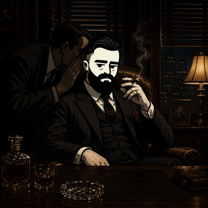 A noir-style illustration of a bearded man in a pinstripe suit smoking a cigar in a leather chair, while another man whispers in his ear; a whiskey decanter and glass sit on the desk beside an ashtray and a lamp.