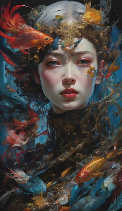 The image features a woman with a fish head, surrounded by various objects such as flowers and leaves. The background of the painting has a blue color that complements the overall theme. The artist's signature can be seen at the bottom right corner of the artwork.