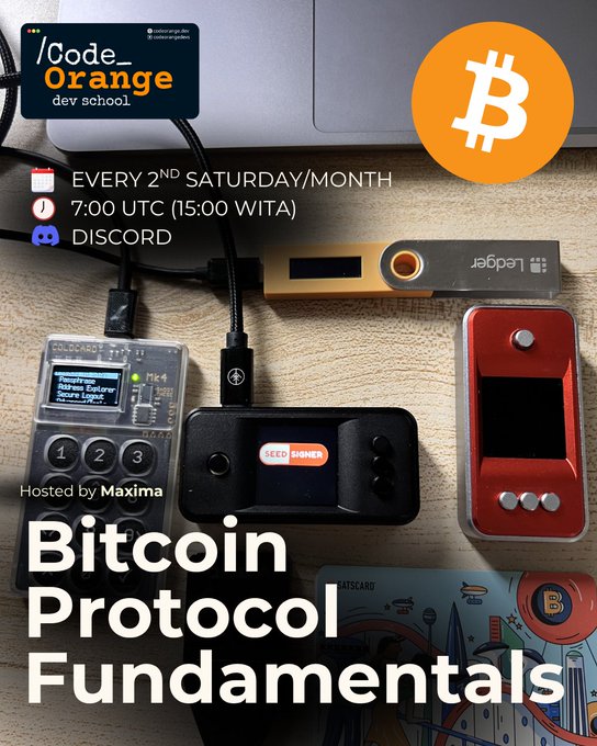 A promotional flyer for 'Bitcoin Protocol Fundamentals' hosted by Maxima on Discord, featuring images of various hardware wallets including a Coldcard Mk4, Ledger, Seed Signer, and BitBox02.