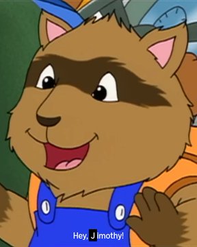 An animated cartoon raccoon character wearing blue overalls and a red shirt, with subtitles reading 'Hey, Timothy!' at the bottom.