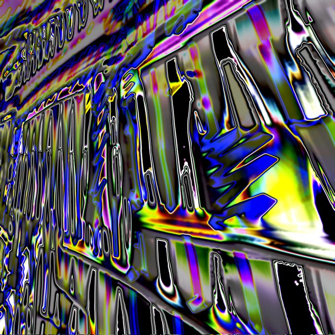 A distorted, abstract image featuring warped text and glitch art effects with vibrant, iridescent colors.