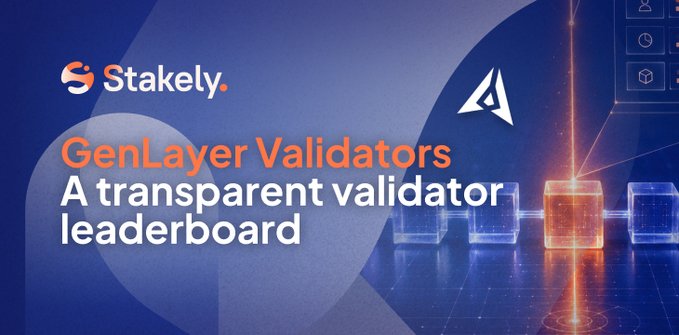 Stakely advertisement with 'GenLayer Validators - A transparent validator leaderboard' text alongside the GenLayer logo and a futuristic digital visualization with glowing cubes.