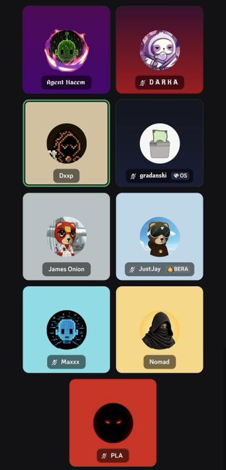 A grid of user profile icons with usernames like 'Agent Hacem', 'DXRKA', 'Dxxp', 'gradanashi', 'James Onion', 'JustJay', 'Maxxx', 'Nomad', and 'PLA' on colored backgrounds.