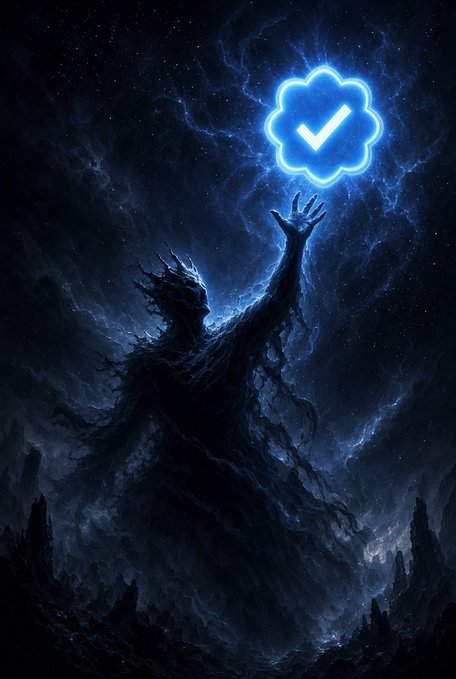 A shadowy, ethereal figure rises from a dark, otherworldly landscape, reaching upward toward a glowing blue verification badge set against a cosmic, star-filled sky. The image visualizes the post's theme of a dramatic, universe-backed "comeback" toward verification or recognition.
