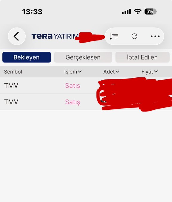 A mobile screenshot of the TERA YATIRIM app showing a pending orders list with two TMV sell ('Satış') entries, with prices and other details obscured by red digital scribbles.