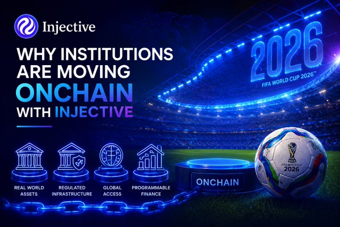 The image is a promotional graphic from Injective, headlined "Why Institutions Are Moving Onchain With Injective," featuring a 2026 FIFA World Cup stadium backdrop with a soccer ball labeled "FIFA World Cup 26" and icons highlighting Real World Assets, Regulated Infrastructure, Global Access, and Programmable Finance—visually reinforcing the post's message about Injective's institutional-grade onchain infrastructure.