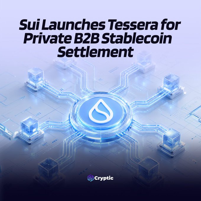 Promotional graphic featuring the headline "Sui Launches Tessera for Private B2B Stablecoin Settlement" above a futuristic blue circuit-board design with a central Sui water drop logo connected to surrounding nodes, branded with the Cryptic logo at the bottom, illustrating Sui Network's new privacy-focused stablecoin platform.
