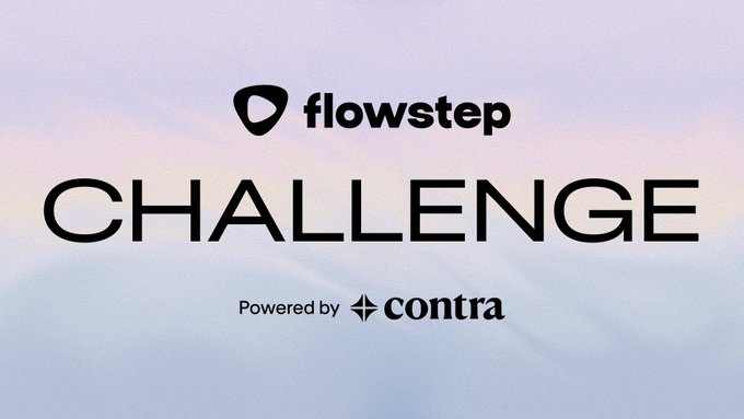A promotional graphic displays 'flowstep CHALLENGE' with 'Powered by contra' beneath it, set against a soft, dreamy sky background in pale blue and pink tones.