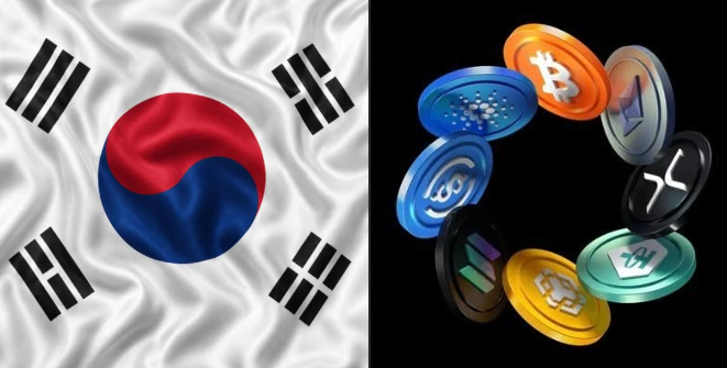 A split image showing the waving flag of South Korea on the left and a 3D ring of various cryptocurrency coins, including Bitcoin and Ethereum, on the right.